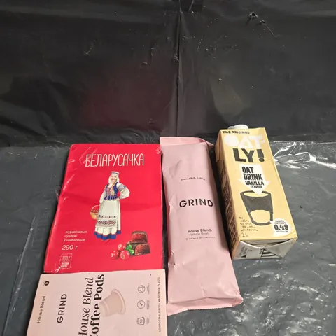 APPROXIMATELY 10 ASSORTED FOOD ITEMS TO INCLUDE - COFFEE PONDS , GRIND AND OATLY DRINK