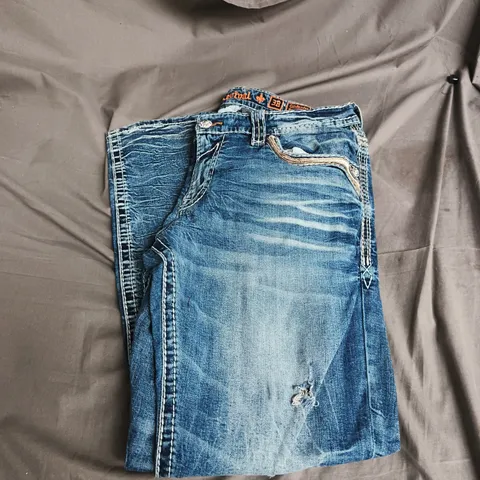 ROCK REVIVAL JEANS – BLUE DENIM, BACK POCKET EMBROIDERY - SIZE 38