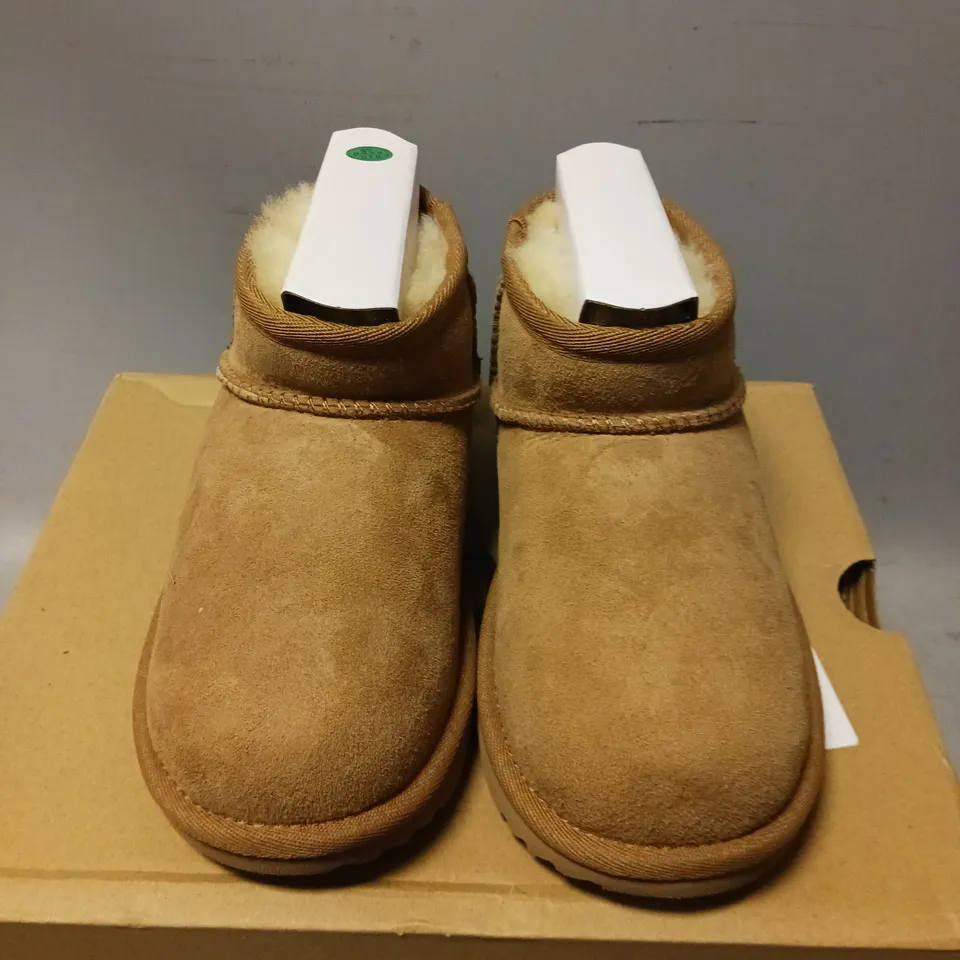 BOXED PAIR OF UGGS CLASSIC ULTRA MINI BOOTS, TAN - UK SIZE 12