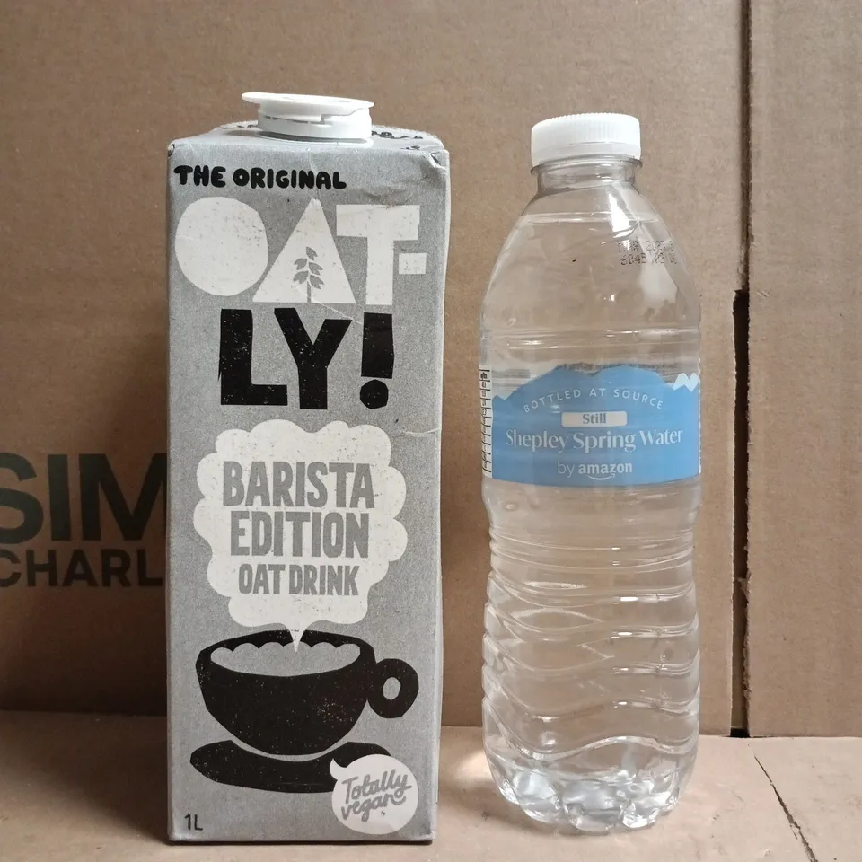 APPROXIMATELY 5 ASSORTED FOOD AND DRINK ITEMS TO INCLUDE OATLY BARISTA EDITION, SPRING WATER, ETC