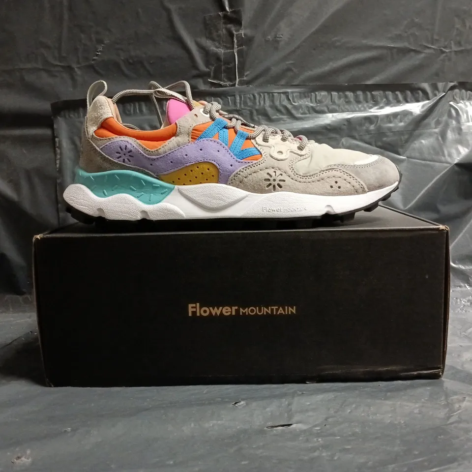 BOXED PAIR OF FLOWER MOUNTAIN TRAINERS IN GREY/MULTI SIZE UK 7.5