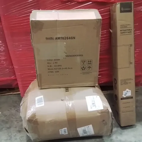 PALLET OF ASSORTED HOUSEHOLD GOODS AND PRODUCTS TO INCLUDE;RETRACTABLE SAFETY GATE,LARGE AREA RUG,CAT PLAYHOUSE