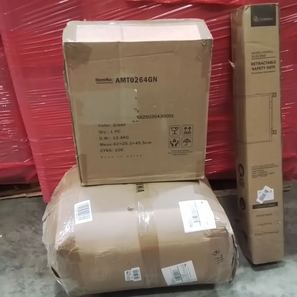 PALLET OF ASSORTED HOUSEHOLD GOODS AND PRODUCTS TO INCLUDE;RETRACTABLE SAFETY GATE,LARGE AREA RUG,CAT PLAYHOUSE