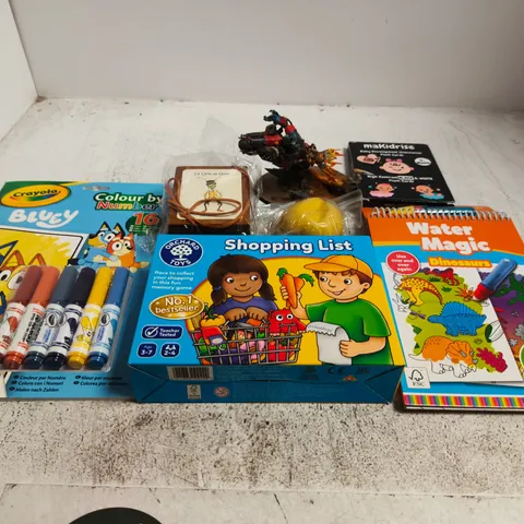 APPROXIMATELY 10 ASSORTED TOYS AND GAMES TO INCLUDE JIGSAWS , SQUISHY TOTS AND CRAYOLA