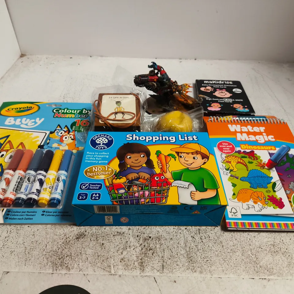 APPROXIMATELY 10 ASSORTED TOYS AND GAMES TO INCLUDE JIGSAWS , SQUISHY TOTS AND CRAYOLA