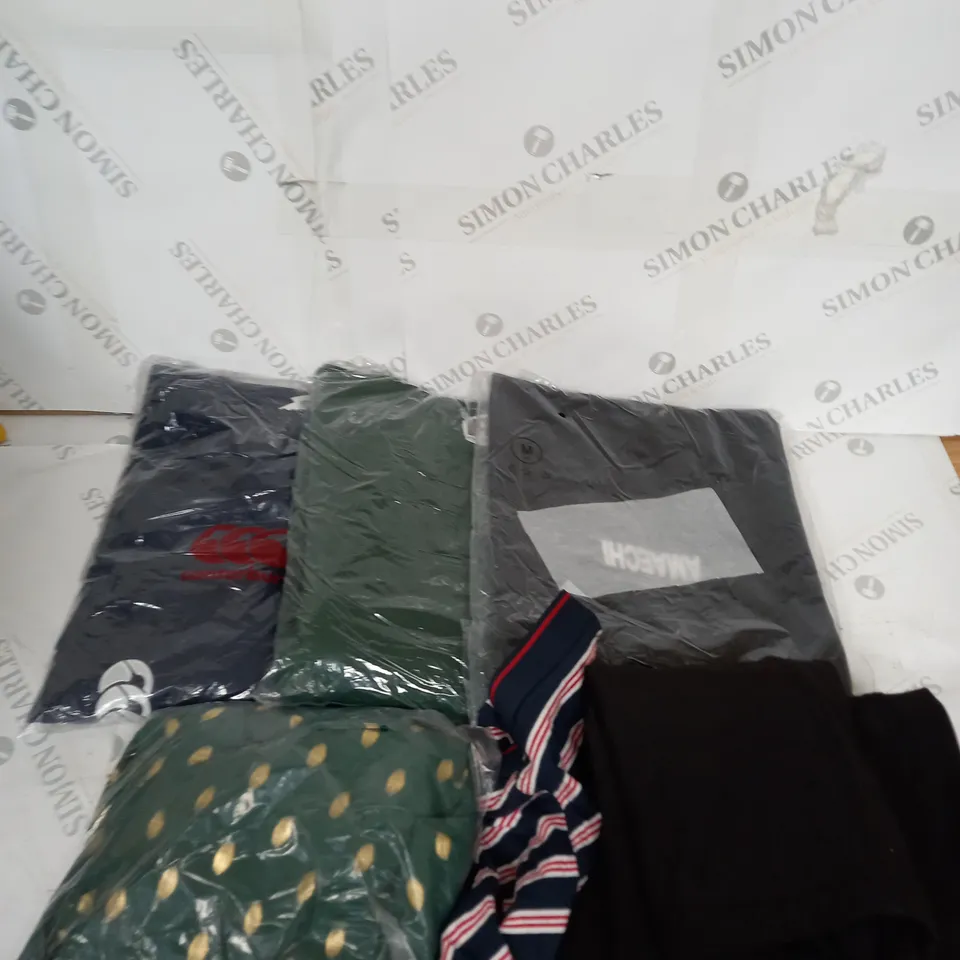 LARGE BOX OF ASSORTED CLOTHING ITEMS IN VARIOUS COLOURS AND SIZES INCLUDING TROUSERS , TOPS AND JUMPERS 