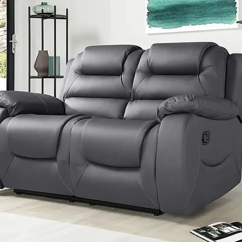 BOXED DESIGNER VANCOUVER GREY FAUX LEATHER MANUAL RECLINING TWO SEATER SOFA 