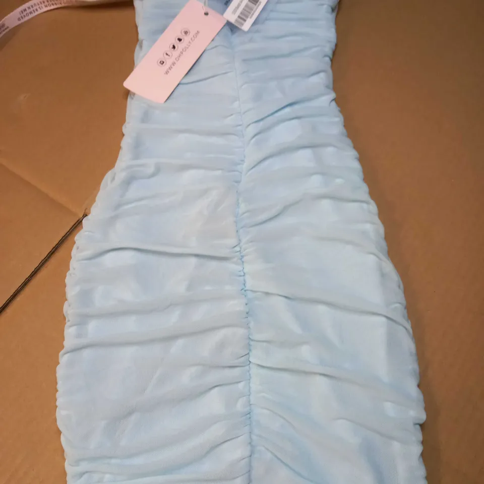 OH POLLY SKY BLUE RUCHED BODYCON MINI DRESS - SIZE 6
