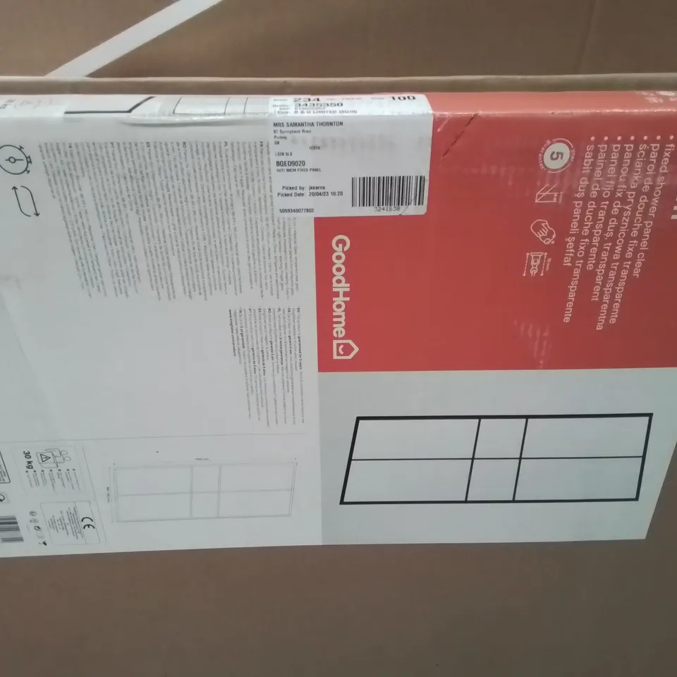 BOXED GOODHOME AHTI 90cm FIXED CLEAR SHOWER PANEL
