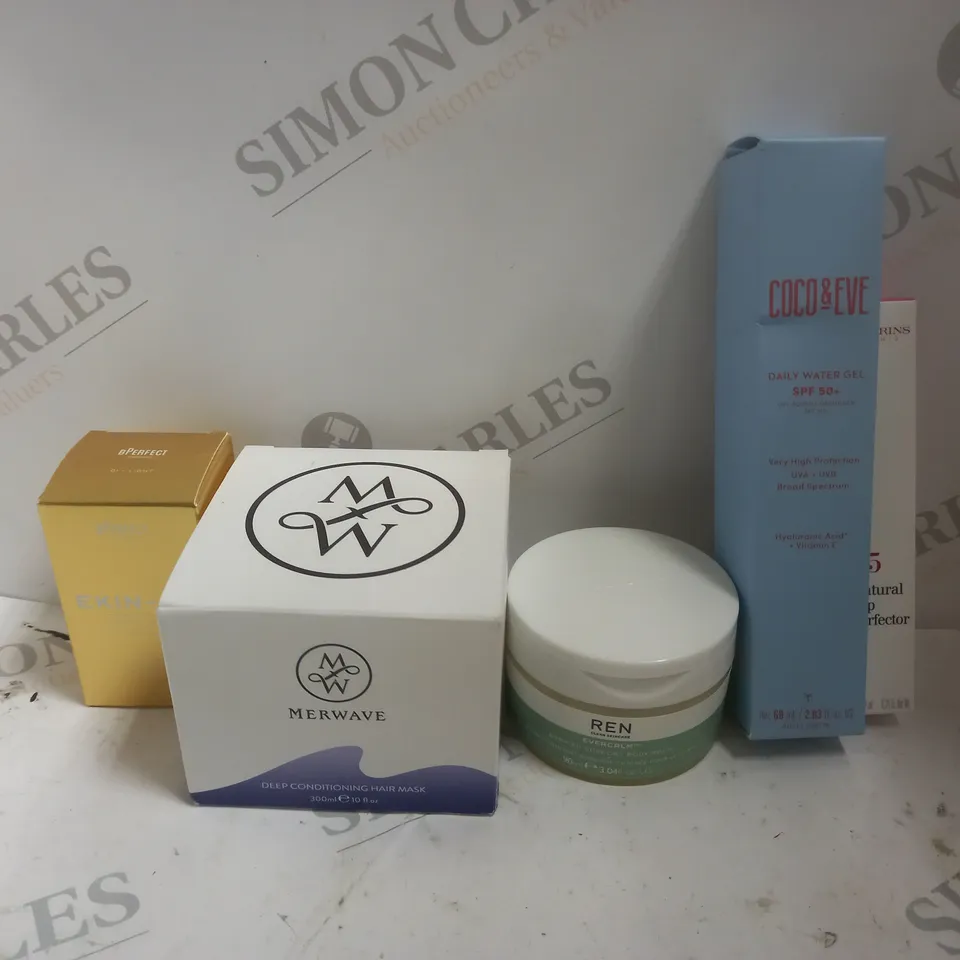 APPROXIMATELY 5 COSMETICS ITEMS TO INCLUDE MERWAVE DEEP CONDITIONING HAIR MASK (300ml), BPERFECT EKIN-SU RADIANT GLOW 01-LIGHT, COCO&EVE DAILY WATER GEL (60ml), ETC