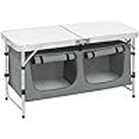 BOXED WOLTU HEIGHT ADJUSTABLE ALUMINUM CAMPING TABLE WITH STORAGE, WHITE + GREY