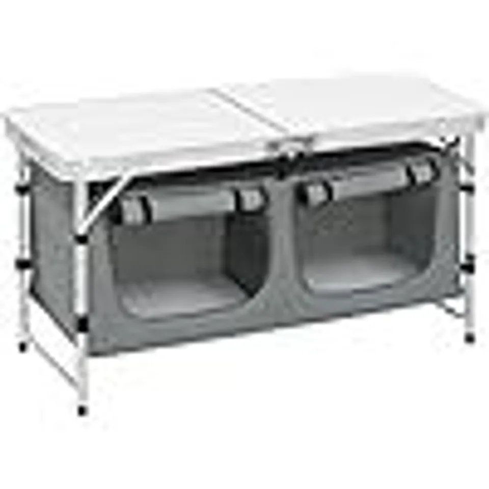 BOXED WOLTU HEIGHT ADJUSTABLE ALUMINUM CAMPING TABLE WITH STORAGE, WHITE + GREY