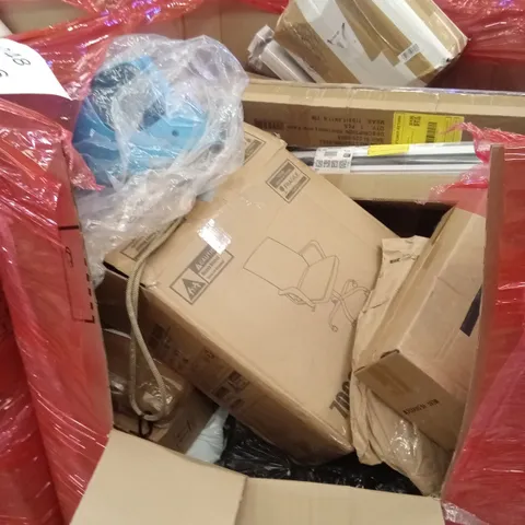 PALLET OF ASSORTED HOUSEHOLD GOODS AND PRODUCTS TO INCLUDE; BLINDS, OFFICE CHAIR, BOXED FURNITURE ETC