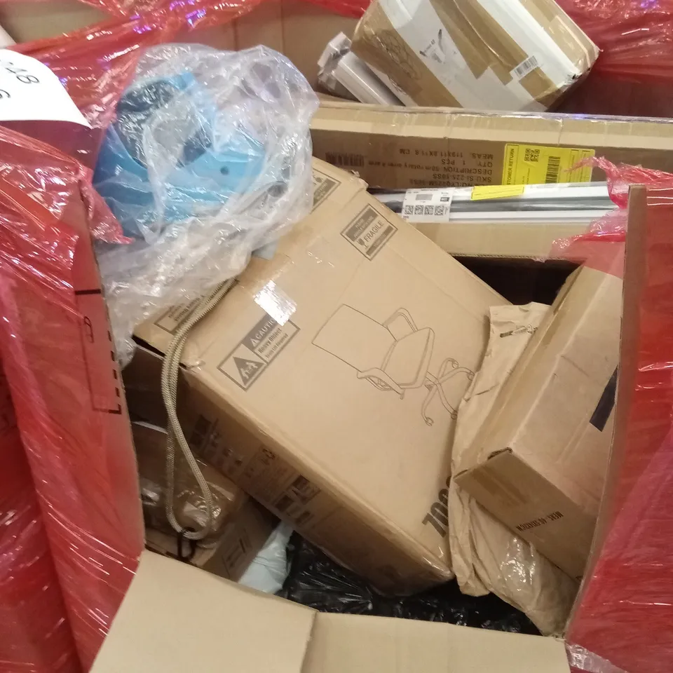 PALLET OF ASSORTED HOUSEHOLD GOODS AND PRODUCTS TO INCLUDE; BLINDS, OFFICE CHAIR, BOXED FURNITURE ETC
