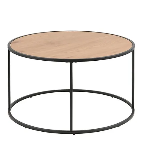 BOXED SEAFORD BLACK METAL ROUND COFFEE TABLE WITH OAK TOP