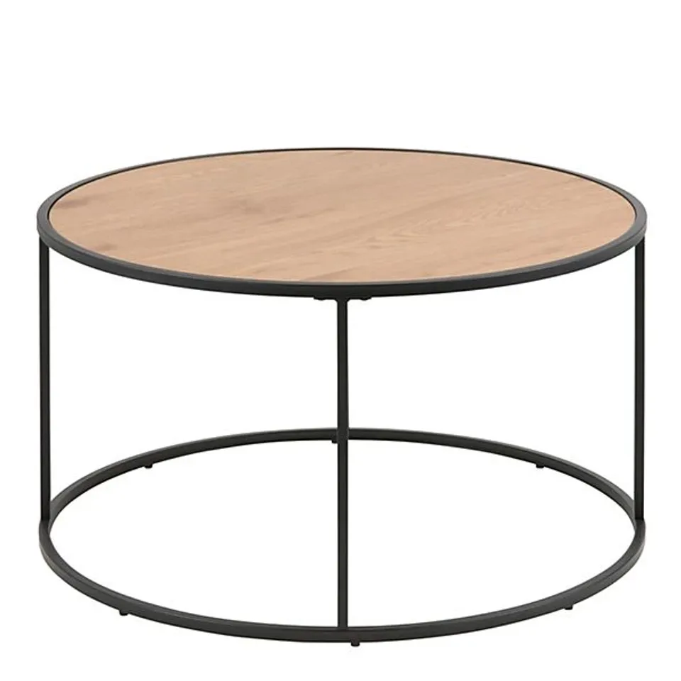 BOXED SEAFORD BLACK METAL ROUND COFFEE TABLE WITH OAK TOP