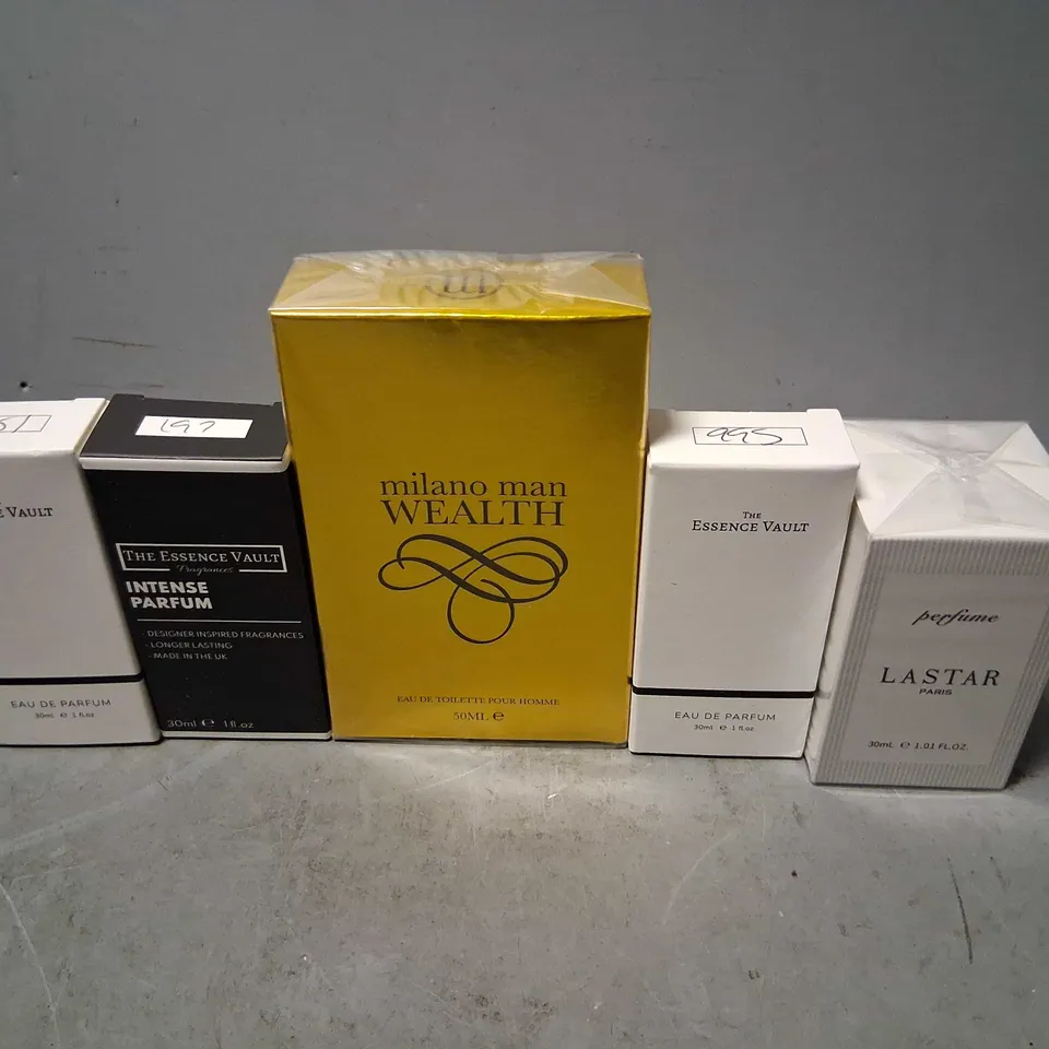 FIVE ASSORTED BOXED FRAGRANCES TO INCLUDE; ESSENCE VAULT, LASTAR AND MILANO MAN