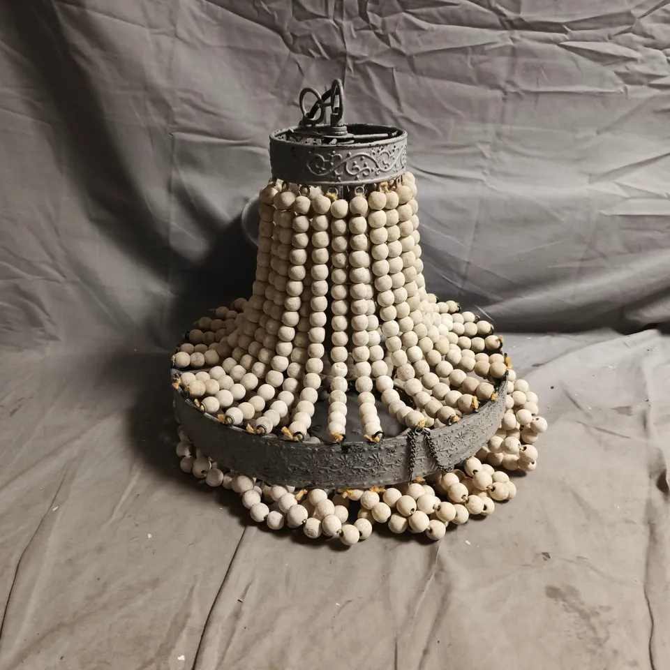 VINTAGE BEADED CHANDELIER WITH WOODEN BEADS AND ORNATE FRAME