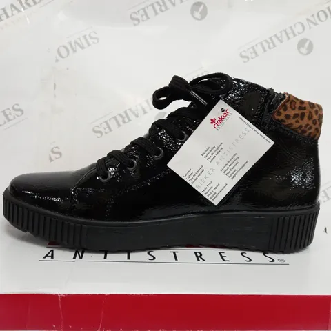 BOXED PAIR OF RIEKER HI TOP TRAINERS WITH CUFF IN BLACK UK SIZE 6.5