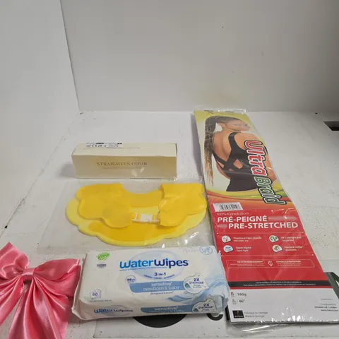 TOTE OF APPROXIMATELY 10 ASSORTED ITEMS INCLUDING X-PRESSION COLLECTION ULTRA BRAID, WATER WIPES AND A STRAIGHTEN COMB