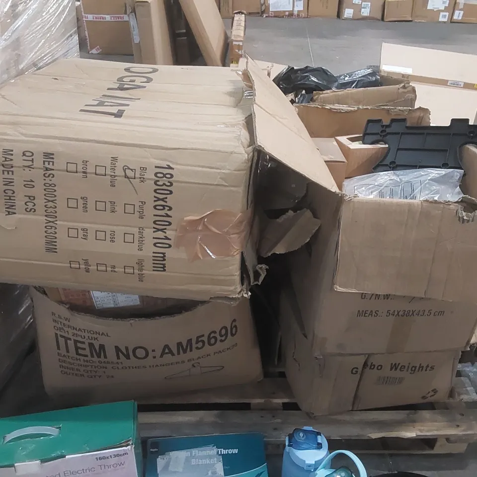 PALLET OF ASSORTED ITEMS TO INCLUDE: HEATED ELECTRIC THROW, KEPLIN FLANNEL THROW BLANKET, WATER BOTTLES, YOGA MATS ETC