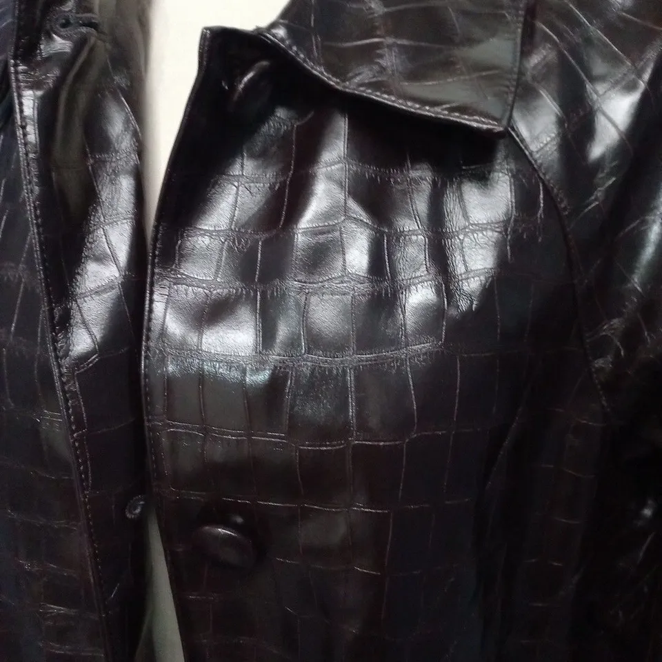 M&S LONG LINE BUTTON THROUGH SNAKE EFFECT JACKET IN BROWN - 12