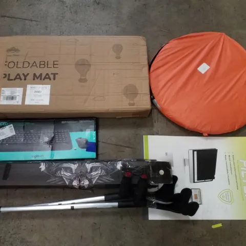PALLET CONTAINING ASSORTED PRODUCTS INCLUDING FOLDABLE PLAY MAT, POP UP TENT, PRIVACY FILTER, LOGITECH ADVANCED KEYBOARD & MOUSE SET, GAMING MOUSE PAD & CRUTCHES