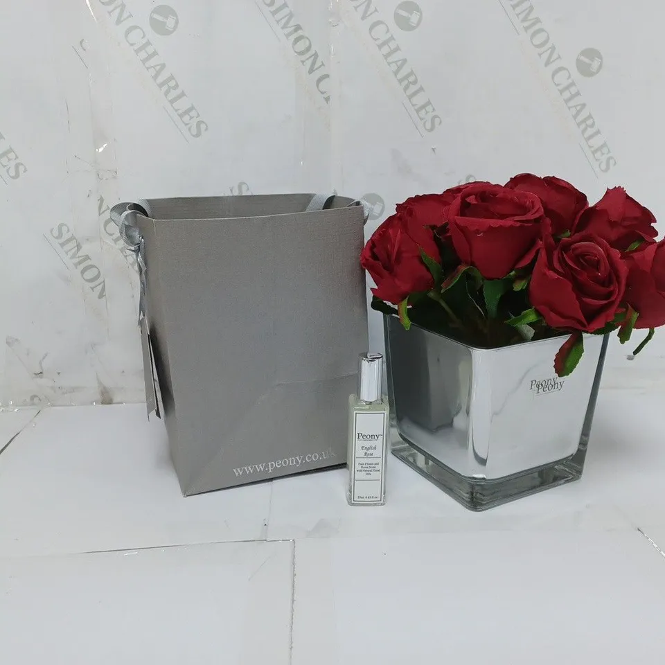 BOXED OUTLET PEONY ROSES IN A SMALL MIRROR GIFT BAG AND 25ML FRAGRANCE