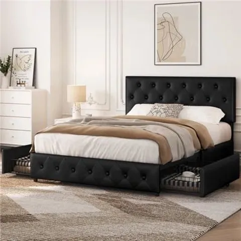 BOXED UPHOLSTERED BED FRAME WITH DRAWER STORAGE -DOUBLE- -BLACK- (2 BOXES)