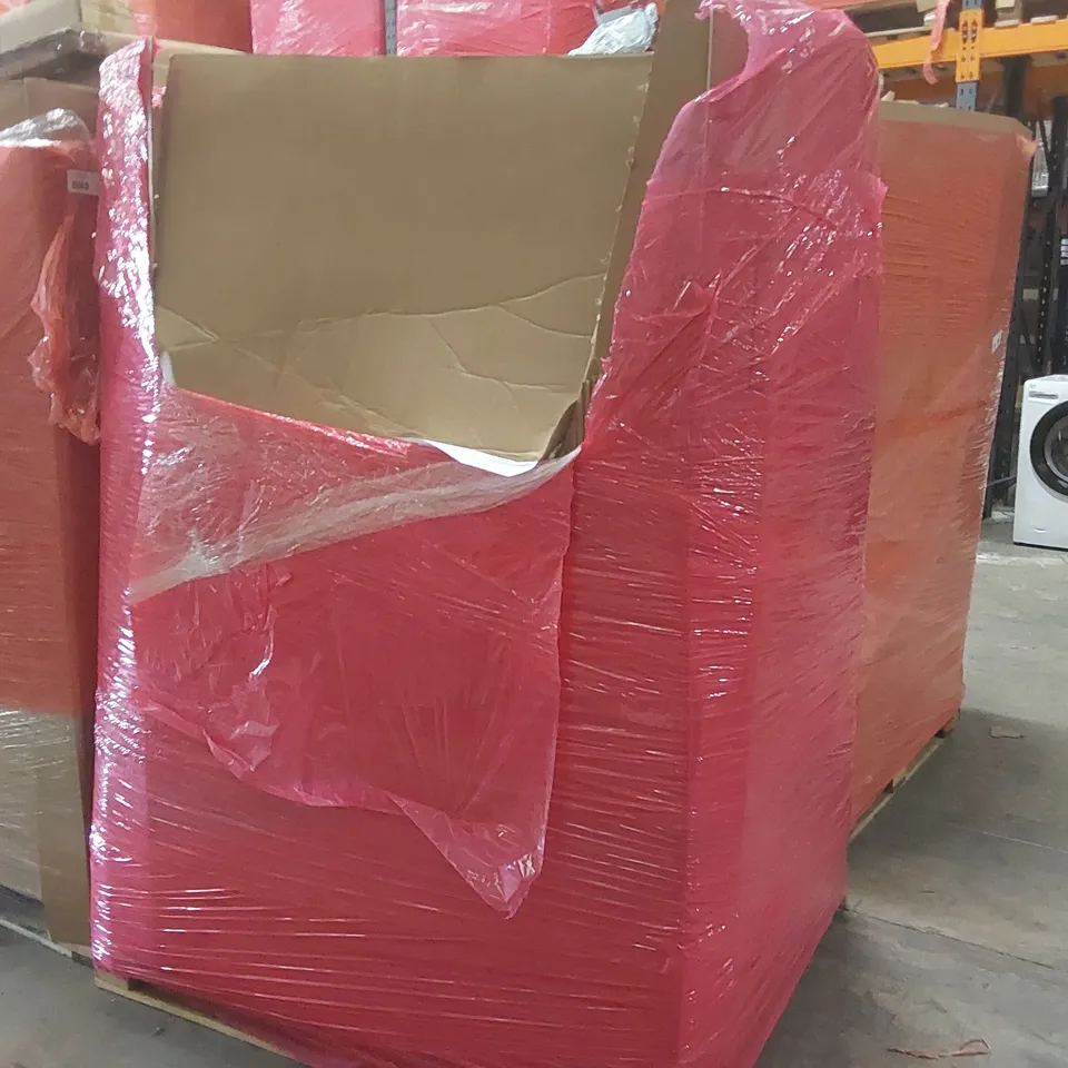 PALLET OF ASSORTED ITEMS INCLUDING: ELECTRIC CLOTHES DRYERS, OFFICE STOOL, METAL FOLDING CHAIR, RUG, BABY BED RAIL ECT