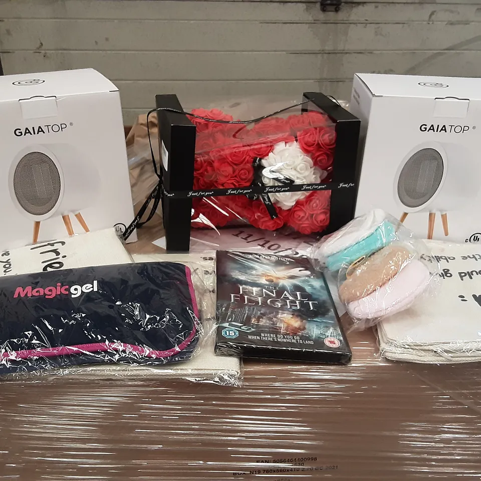 PALLET OF ASSORTED PRODUCTS INCLUDING GAIATOP PERSONAL HEATER, THE FINAL FIGHT, MAGIC GEL GEL PACK, LURROSE MAKEUP REMOVERS, BOYFRIEND GIFT BACK 