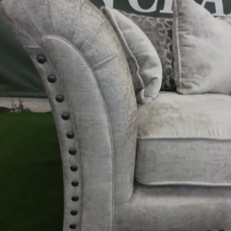 DESIGNER VESPER GREY FABRIC TWO SEATER SOFA WITH STUDDED ARM DETAIL