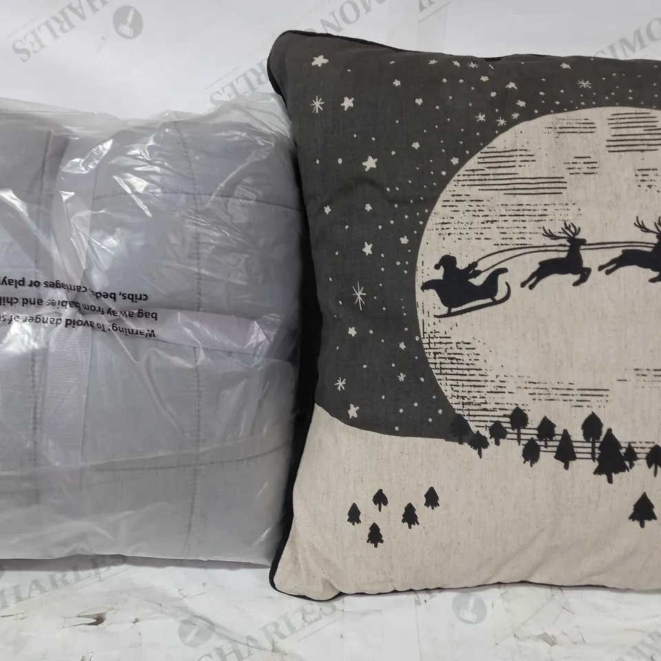 BOX OF APPROXIMATELY 5 ASSORTED HOUSEHOLD ITEMS TO INCLUDE DESIGNER FESTIVE CUSHION, SLEEPDOWN TUFTED SUPERSOFT KING SIZE DUVET SET, LAUNDRY BASKET, ETC
