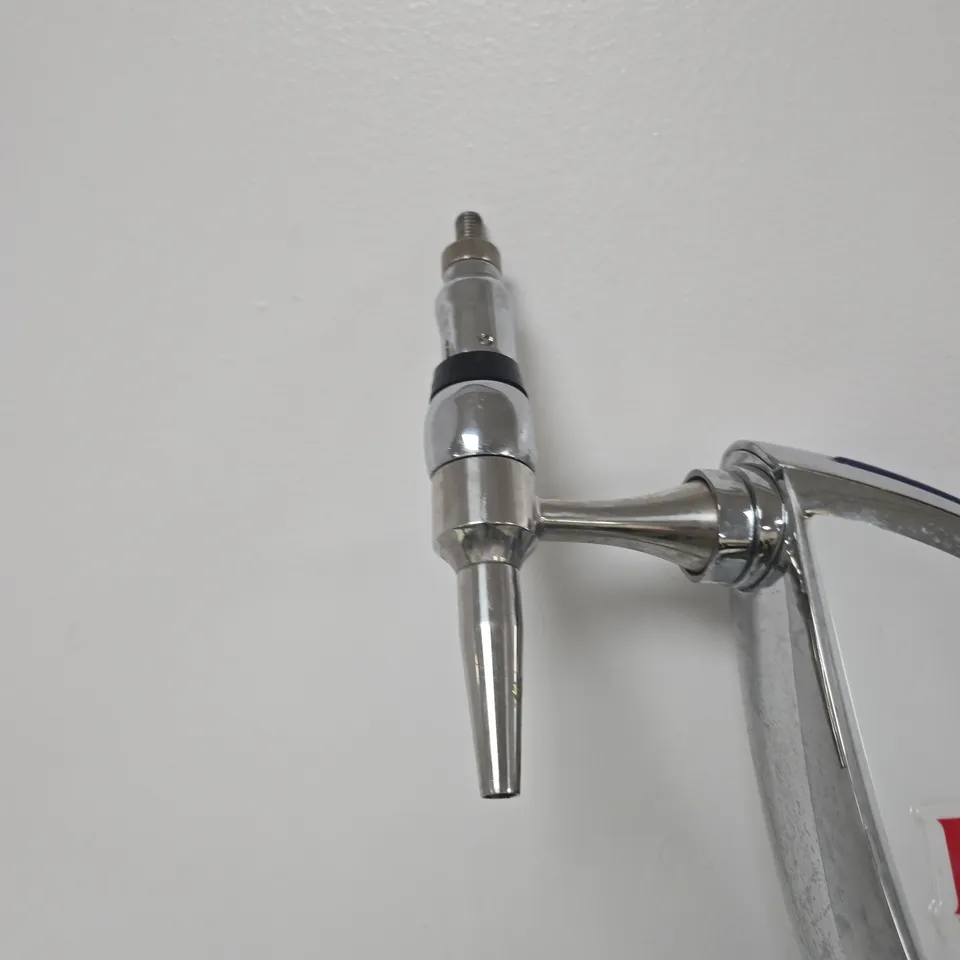 PERONI-BRANDED BEER TAP SPOUT WITH CURVED CHROME FAUCET & MOUNTING ASSEMBLY