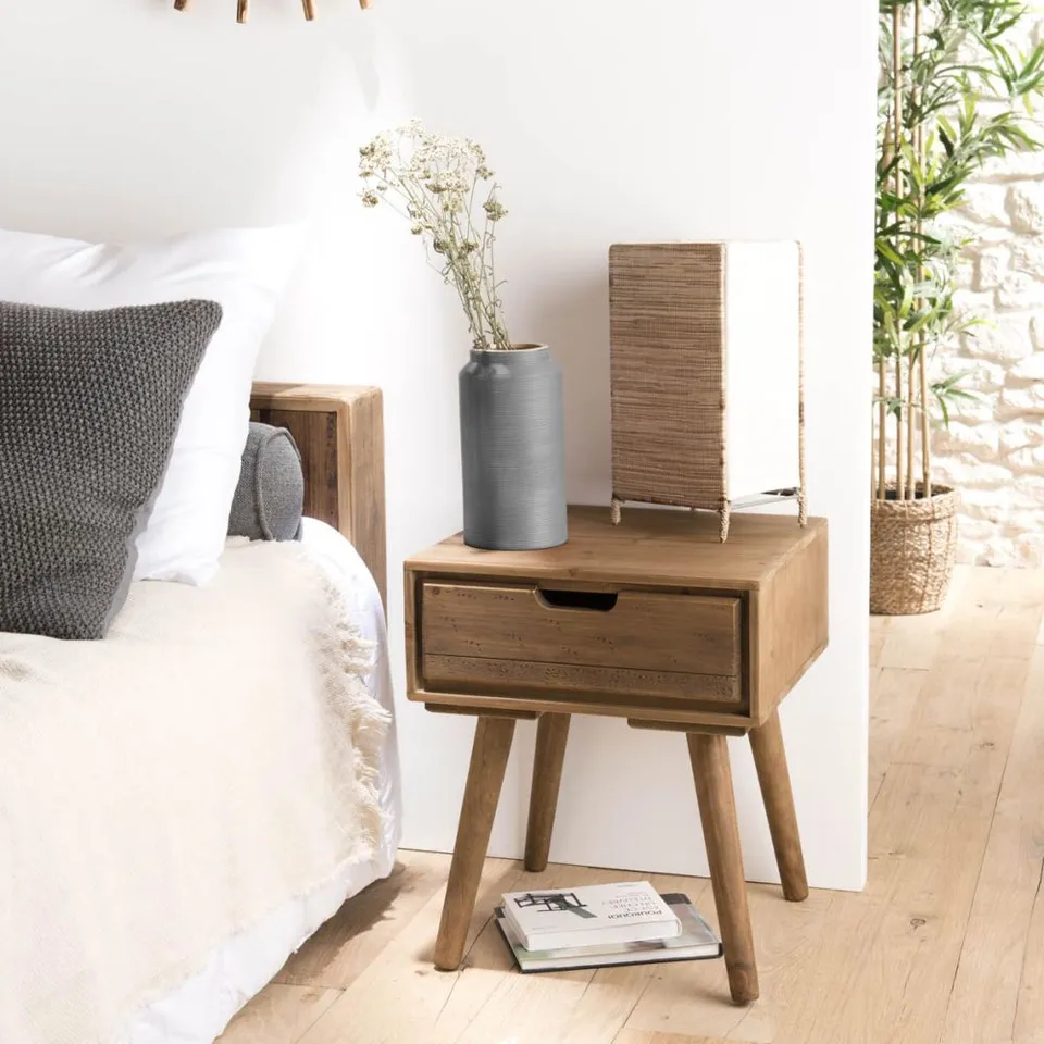 BOXED ANDY - SCANDINAVIAN BROWN WOOD BEDSIDE TABLE WITH 1 DRAWER