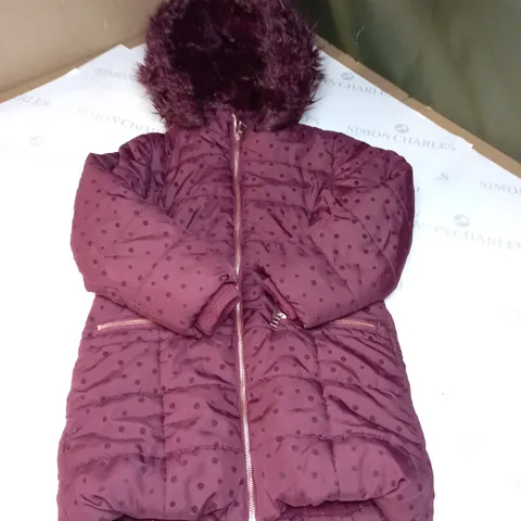 GIRLS BURGUNDY POLKA DOT PADDED COAT WITH FAUX FUR HOOD SIZE UNSPECIFIED