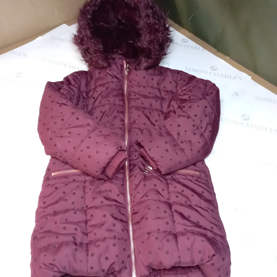 GIRLS BURGUNDY POLKA DOT PADDED COAT WITH FAUX FUR HOOD SIZE UNSPECIFIED