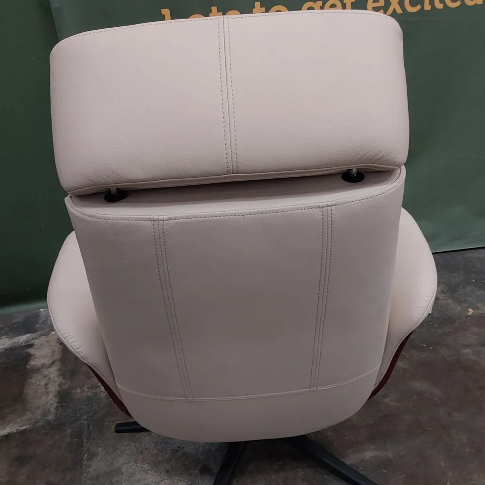 QUALITY BRITISH DESIGNER G PLAN MANUAL RECLINING SWIVEL CHAIR WITH FOOTSTOOL CAMBRIDGE CHALK LEATHER 