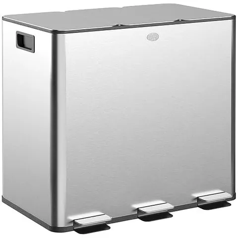 BOXED HOMCOM 3 X 15L PEDAL BIN, STEEL TRIPLE KITCHEN BIN WITH SOFT CLOSE LID, REMOVABLE INNER BUCKETS, FINGERPRINT-PROOF, SILVER TONE