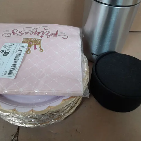 APPROXIMATELY 20 ASSORTED HOUSEHOLD ITEMS TOO INCLUDE, PRINCESS PLATES - STORAGE TUB - COASTERS