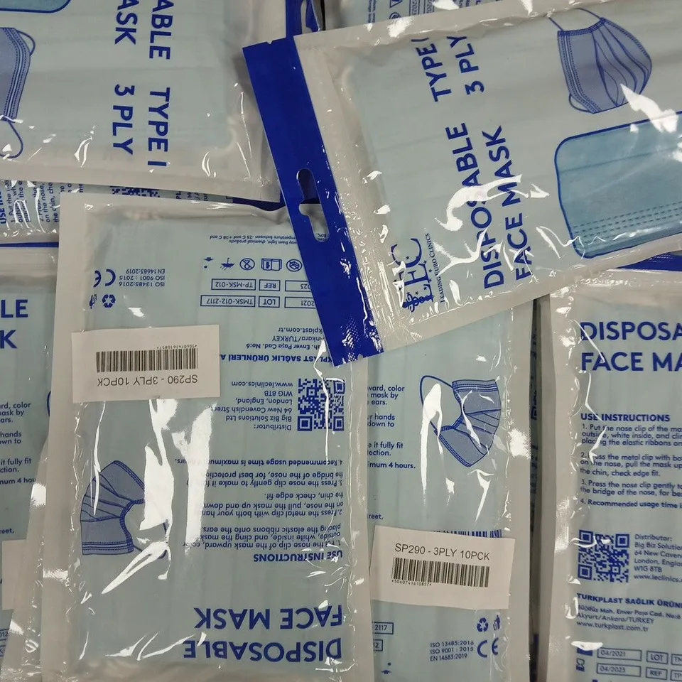 BOX OF APPROXIMATELY 90 PACKS OF DISPOSABLE FACE MASKS (10 PER PACK)