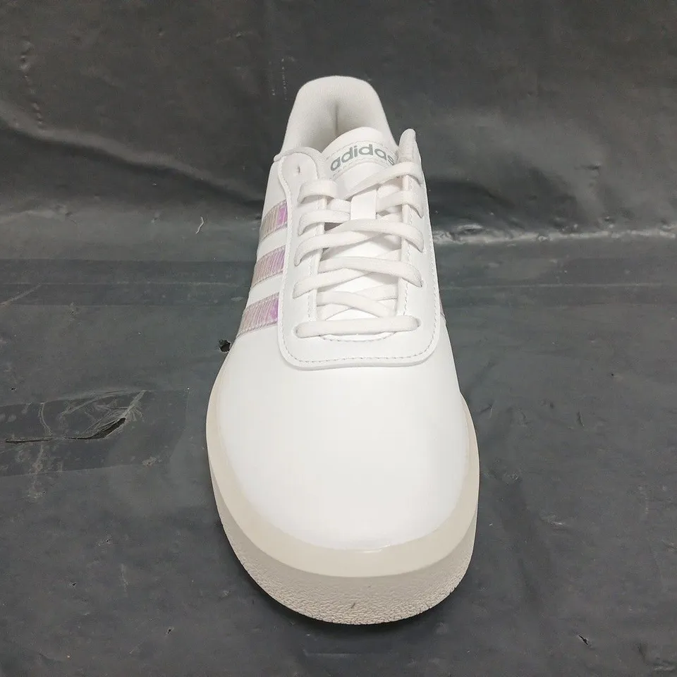 BOXED PAIR OF ADIDAS COURT PLATFORM SHOES IN WHITE/PRISMATIC SIZE UK 5.5