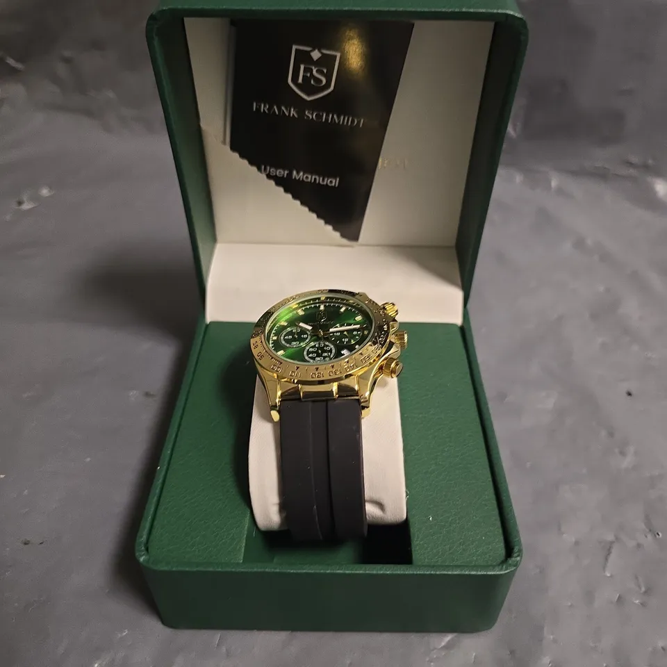 FRANK SCHMIDT GREEN DIAL GENTS WATCH WITH BLACK RUBBER STRAP IN BOX