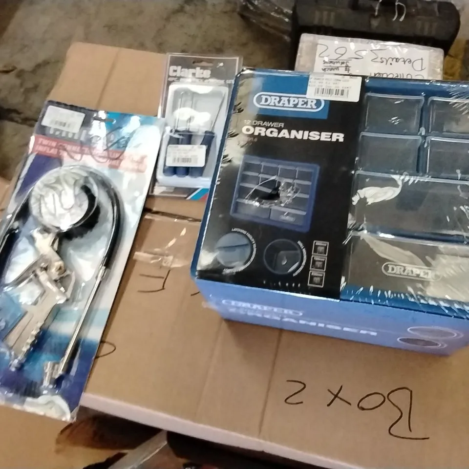 BOX TO CONTAIN ASSORTED TOOLS AND PRODUCTS TO INCLUDE;DRAPER TOOL ORGANISER,CLARKE TWIN CONNECTOR TYRE INFLATOR,HOOK SET,ETC