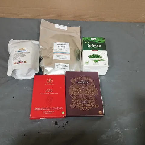 FIVE ASSORTED DIETARY SUPPLEMENTS: MAGNESIUM CITRATE 650MG CAPSULES, BERBERINE 1100MG TABLETS, JEČMEN GREEN WAYS ORIGINAL, HEART SUPPORT VEGAN TABLETS, NOBLE COLLAGEN TYPE II
