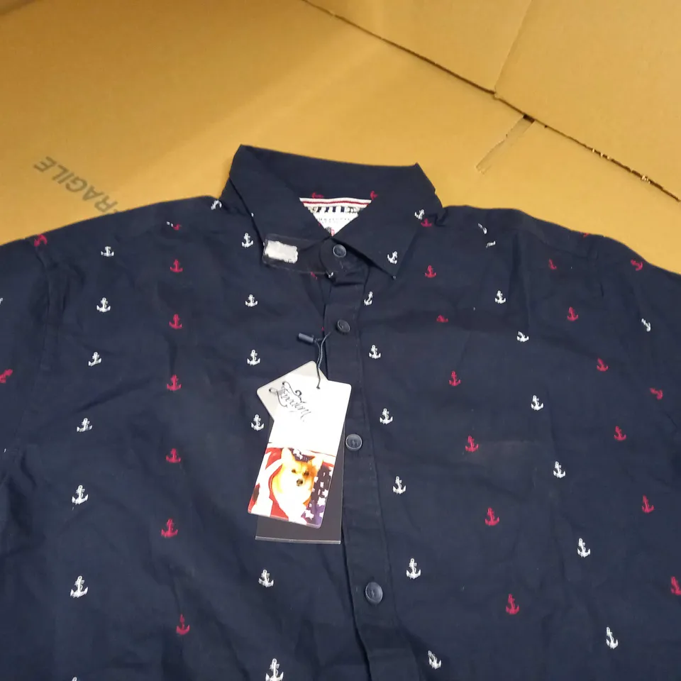 DENIM & FLOWER NAVY/ANCHOR PATTERNED SHORT SLEEVE SHIRT - MEDIUM
