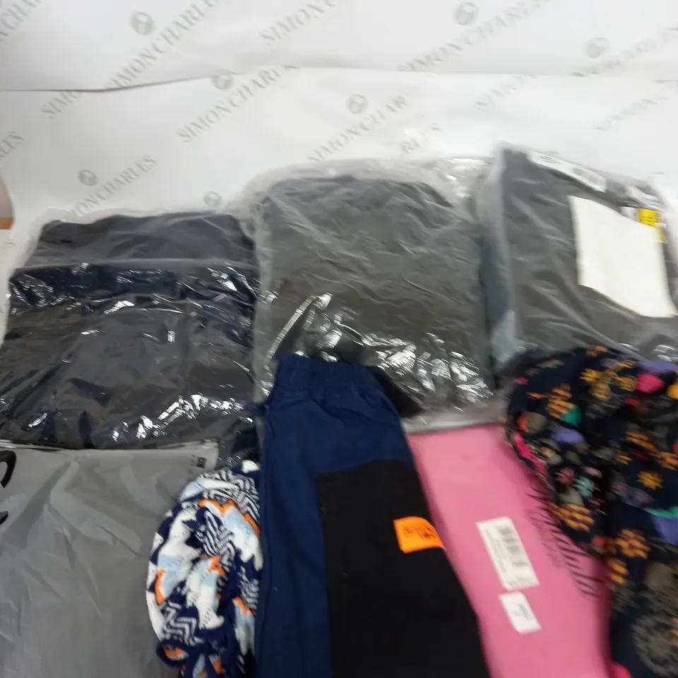 LARGE BOX OF ASSORTED CLOTHING ITEMS IN VARIOUS COLOURS AND SIZES INCLUDING TROUSERS , TOPS AND JUMPERS 
