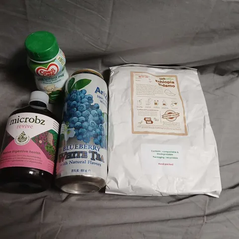 APPROXIMATELY 10 ASSORTED FOOD ITEMS TO INCLUDE - COW AND GATE, COFFEE AND BLUEBERRY WHITE TEA - COLLECTION ONLY