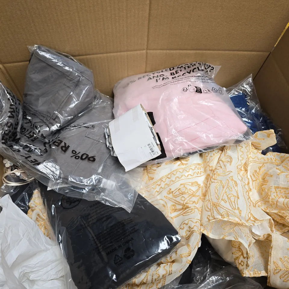 BOX OF APROX 20 ASSORTED ITEMS OF CLOTHING IN VARIOUS SIZES, COLOURS AND STYLES - COLLECTION ONLY 