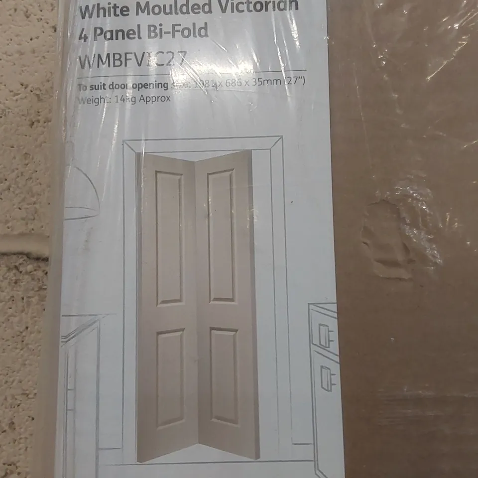 BOXED WHITE MOTELDED VICTORIAN 4 PANEL BI-FOLD - APPROXIMATELY 1981 x 686 x 35mm